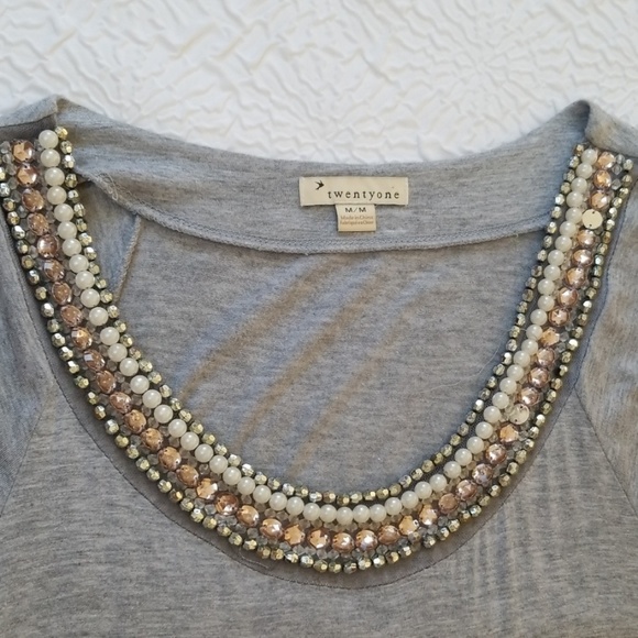 Twentyone gray/gray beaded tie back t-shirt top - Picture 5 of 8